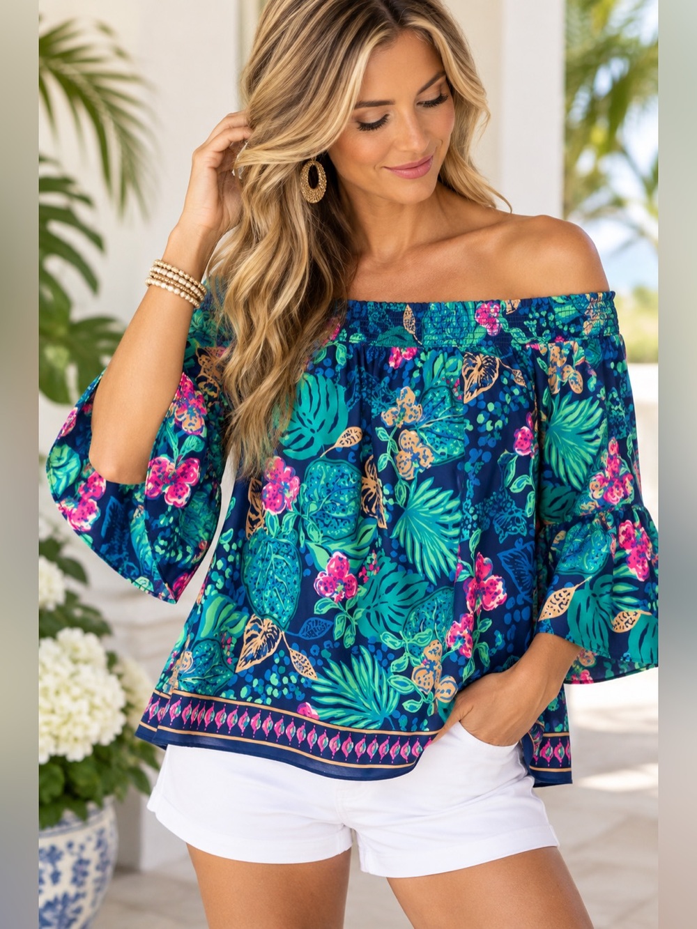 Lilly Pulitzer Kaori Off-The-Shoulder Top Life of the Party Print Size M